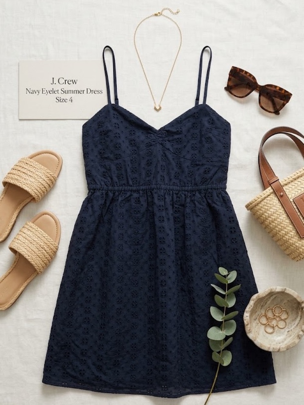 J. Crew Navy Eyelet Summer Dress with Smocked Back